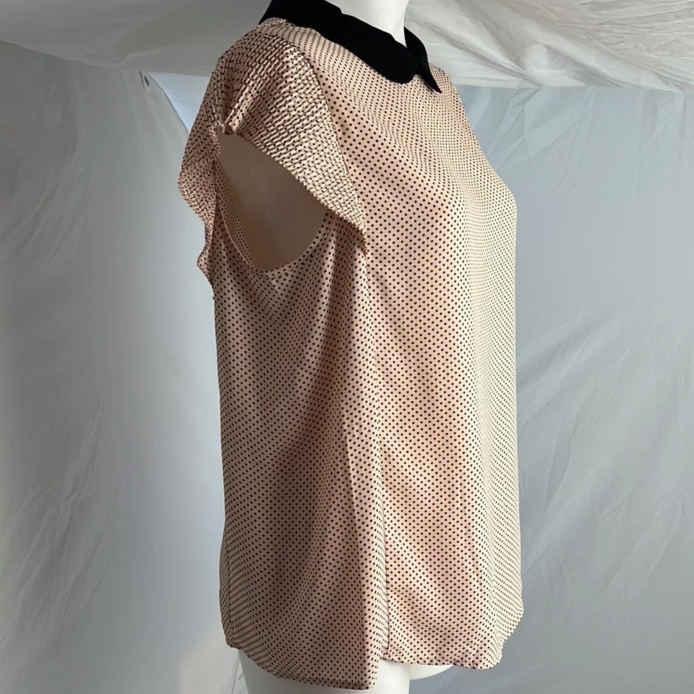 Adrianna Papell pink and black polka dot Peter Pan collar flutter sleeve blouse
